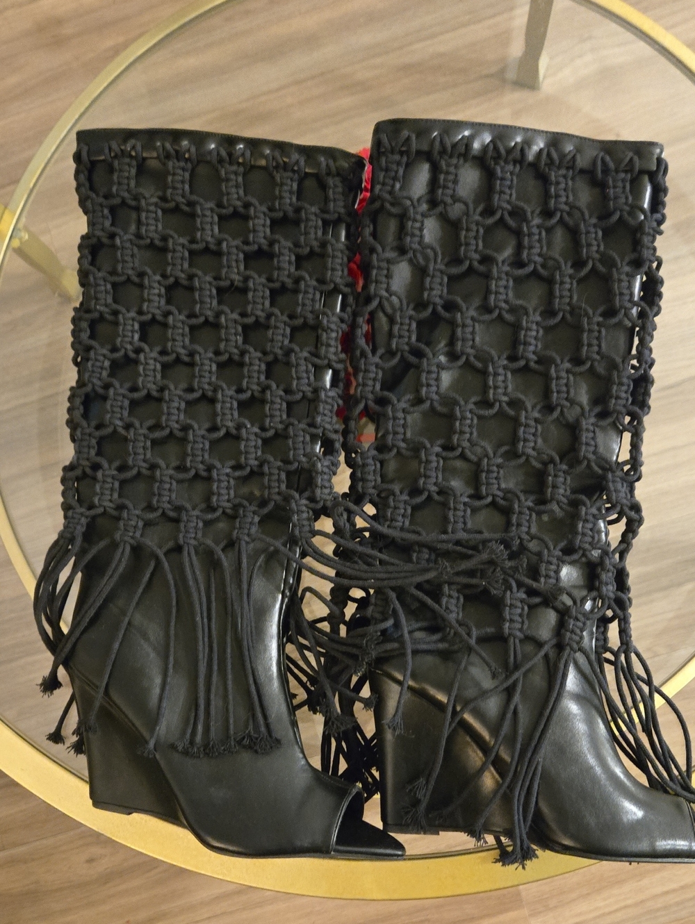 Fashion Nova Black Macramé Fringe Peep-Toe Wedge Boots